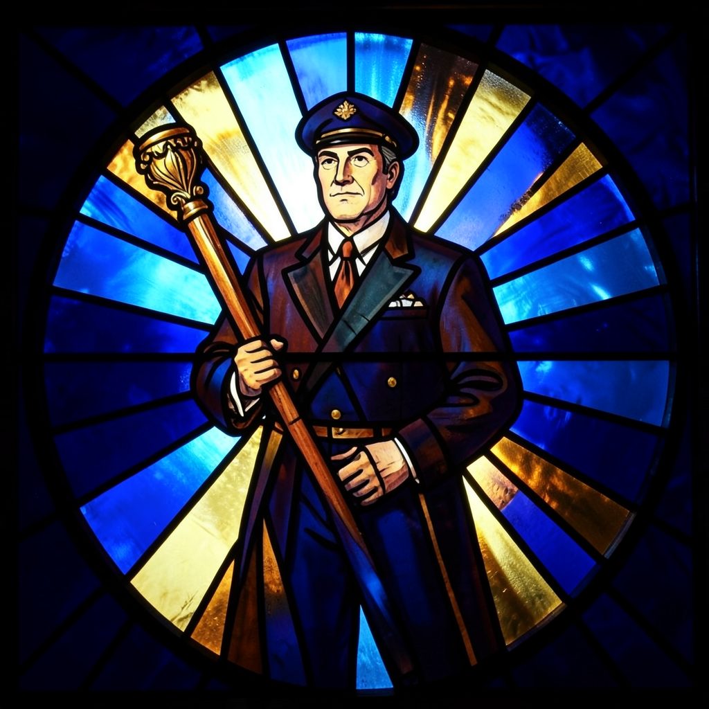 A stained-glass depiction of a marshal holding a baton, navy blue and amber gold glass panels with strong black leading, radiating authority and calm.